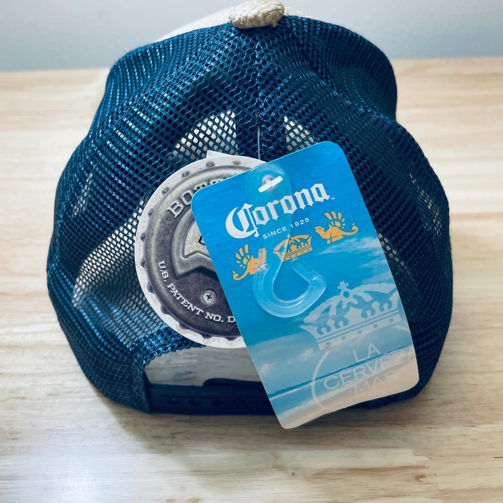 Corona Extra Straw Trucker Hat Navy Mesh Snapback with Built-in Bottle Opener - Picture 8 of 10